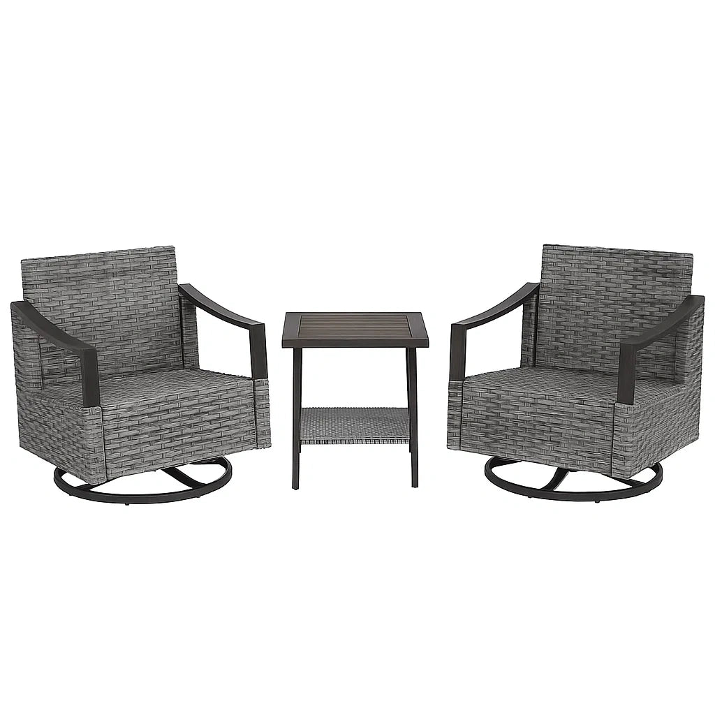 Ensemble de mobilier de jardin avec deux fauteuils pivotants et table carrée grise en métal et rotin PE(Gris)