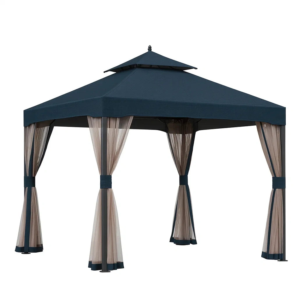 Tonnelle à double toit en métal et polyester 300x300x260 cm(Bleu Marine/Beige)