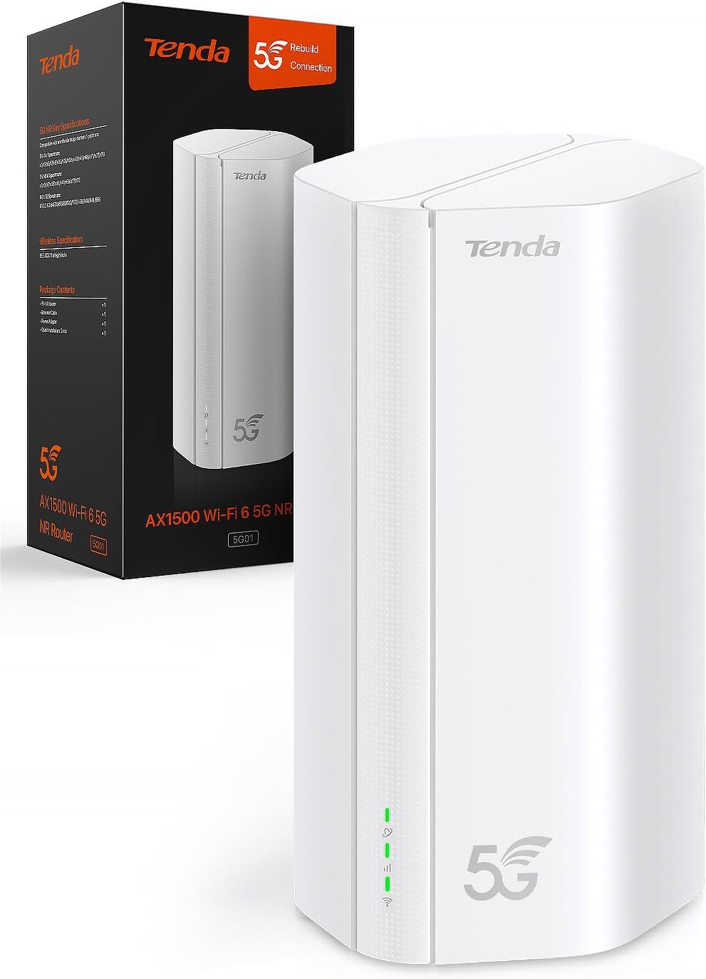 Tenda 5G01 Routeur 5G WiFi 6 1500Mbps - Modem 5G/4G LTE Double Bande, Slot Carte SIM Nano Débloqué, Plug et Play, Port Gigabit WAN/LAN, 6 Antennes Internes, Mesh Wi-FI+, Routeur 5G NR Entrée de Gamme(Blanc)