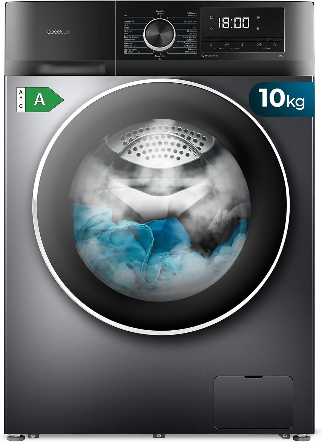 Cecotec Lave-linge 10Kg Chargement Frontal Bolero Dresscode 10500 Inverter Steel A, 1950W, 1400 rpm, Moteur Inverter Plus, Basse Consommation, 16 Programmes, Lavage Vapeur, Delay Start, Acier(Noir/Argent)