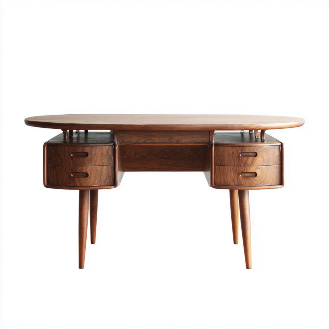 Bureau rectangulaire en bois foncé avec cinq tiroirs et pieds cylindriques
