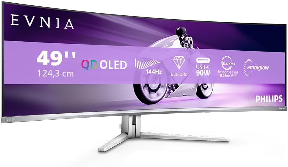 Philips Evnia 49M2C8900L - Moniteur de Jeu incurvé DQHD OLED de 49 Pouces, 144 Hertz, 0,03 ms GtG, HDR400, Ambiglow, FreeSync Prem. Pro (5120 x 1440, HDMI 2.1, DisplayPort 1.4, USB-C, hub USB) Blanc(White)