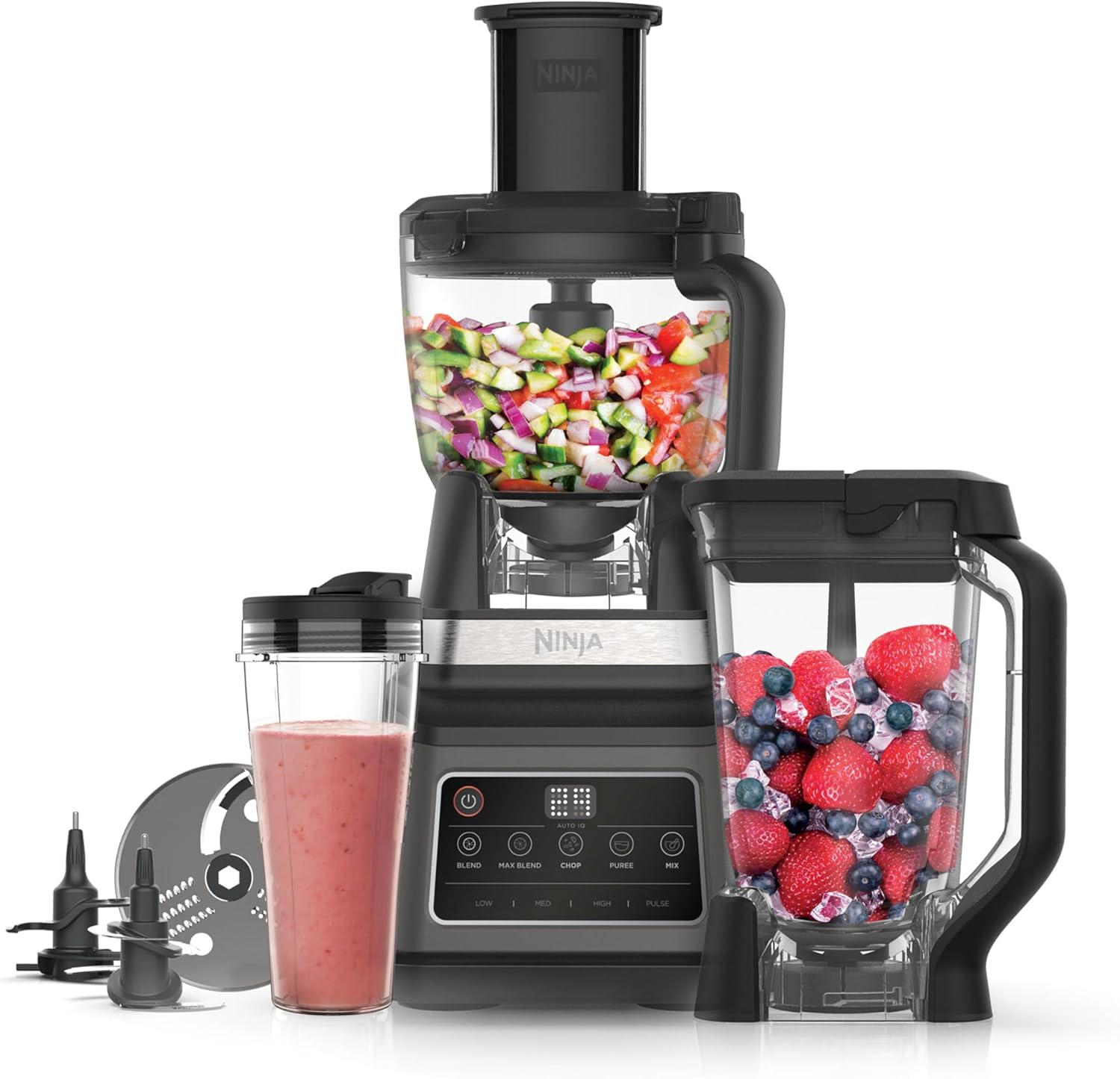 Ninja 3-en-1 Robot de cuisine et mixeur avec 5 programmes: Mixer, Mixer Max, Hacher, Mélanger, Purée, Bol 1,8L, Cruche 2,1L, Tasse 700ml, 1200W, lavables au lave-vaisselle, Auto-iQ, Noir BN800EU(Noir)
