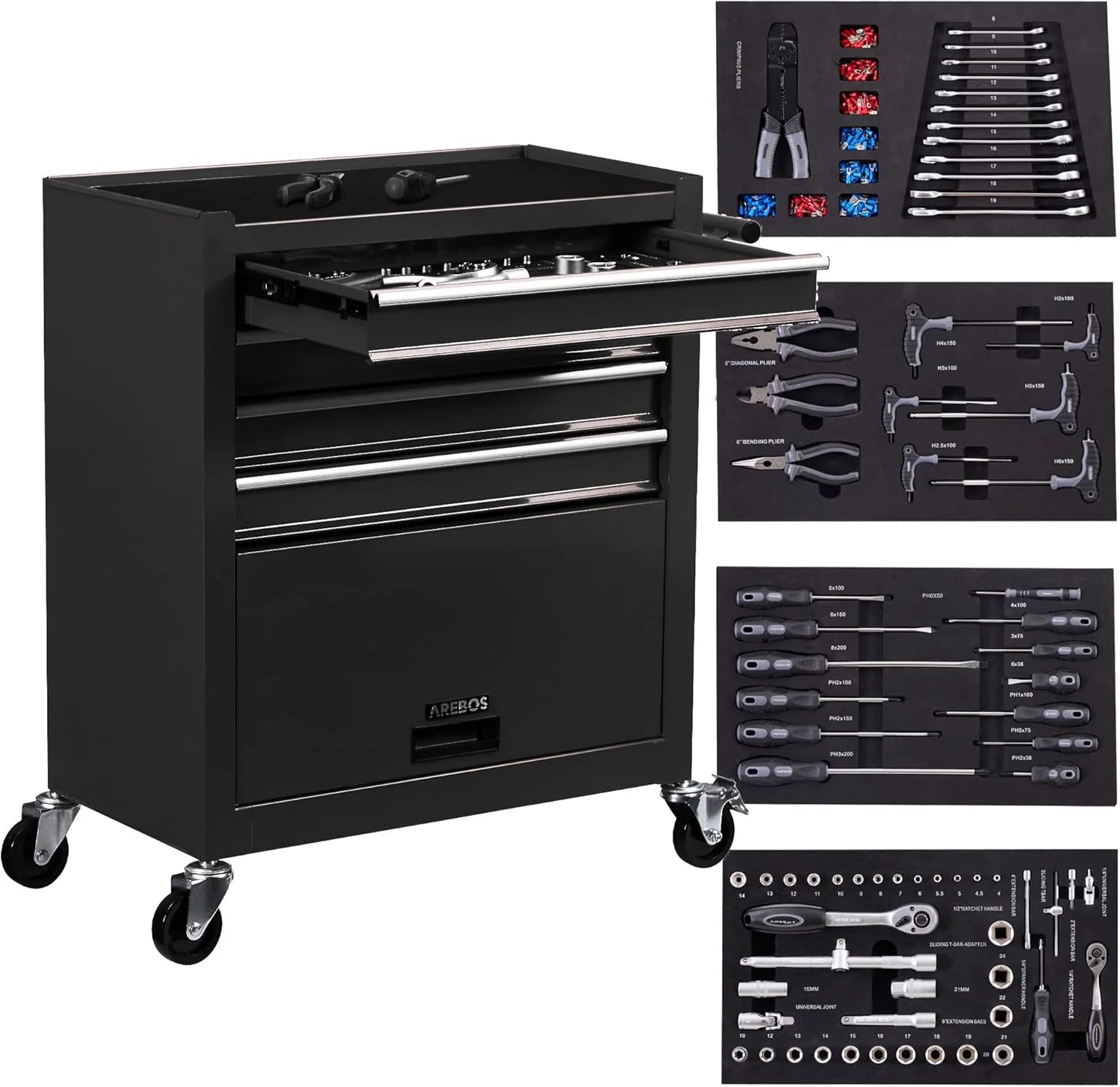 AREBOS chariot atelier 4 tiroirs, 81 outils, roulettes freinées, noir