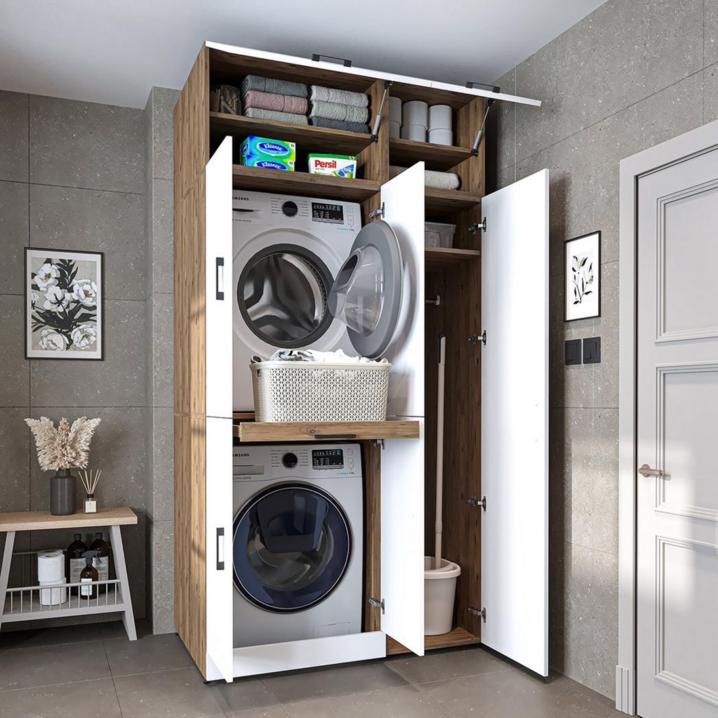 ROOMART Dora - Meuble pour machine à laver - Pour sèche-linge et machine à laver - En 4 couleurs - Avec portes et panneau coulissant - Blanc - Chêne blanc - Chêne anthracite - Chêne blanc (chêne blanc)(Blanc)