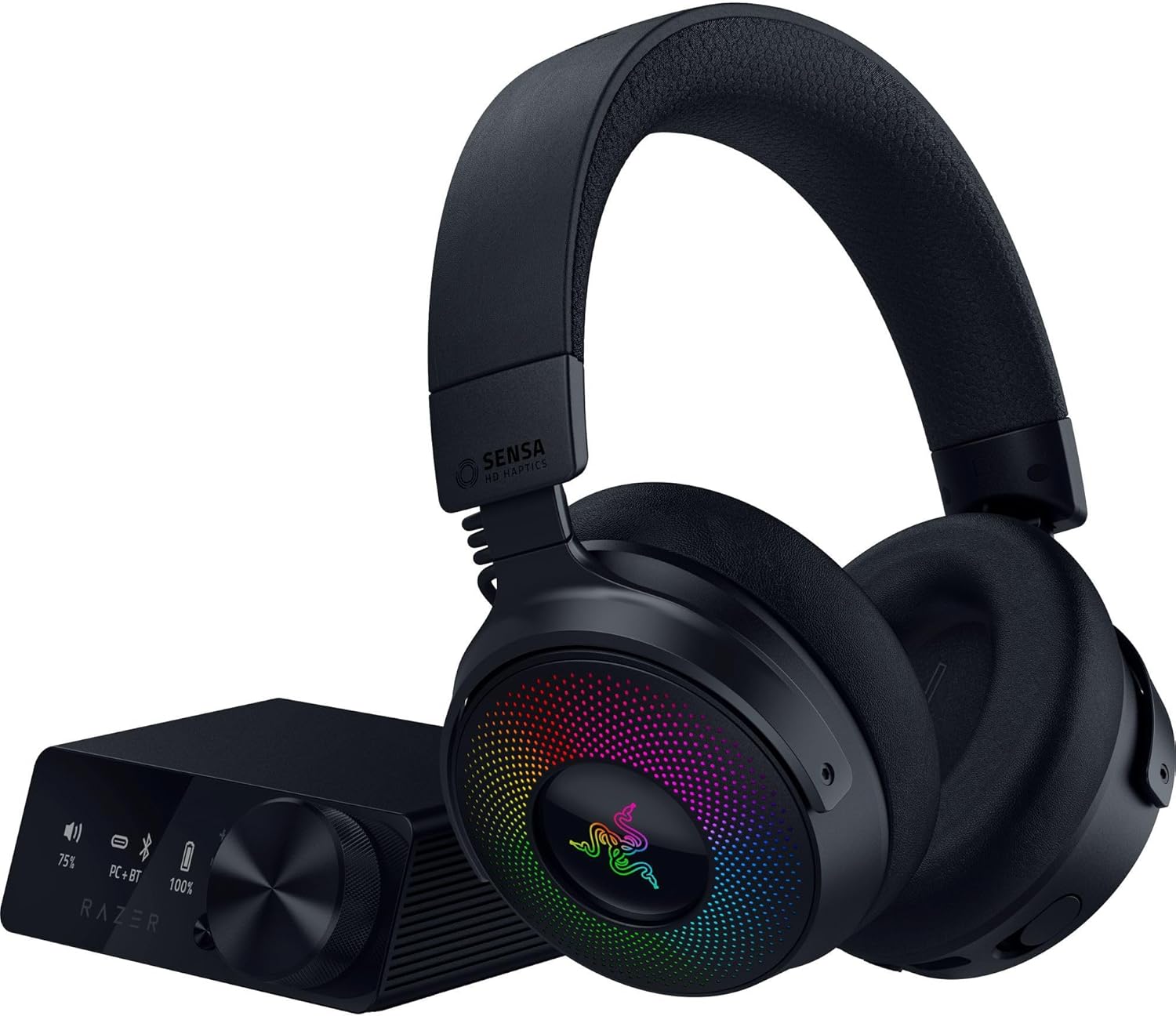 Razer Kraken V4 Pro - Casque de Jeu sans Fil avec hub de contrôle - Sensa HD haptics (hub de contrôle OLED, Triforce 40mm Drivers, HyperSpeed  Bluetooth, THX Spatial Audio, RGB) Noir(Noir)