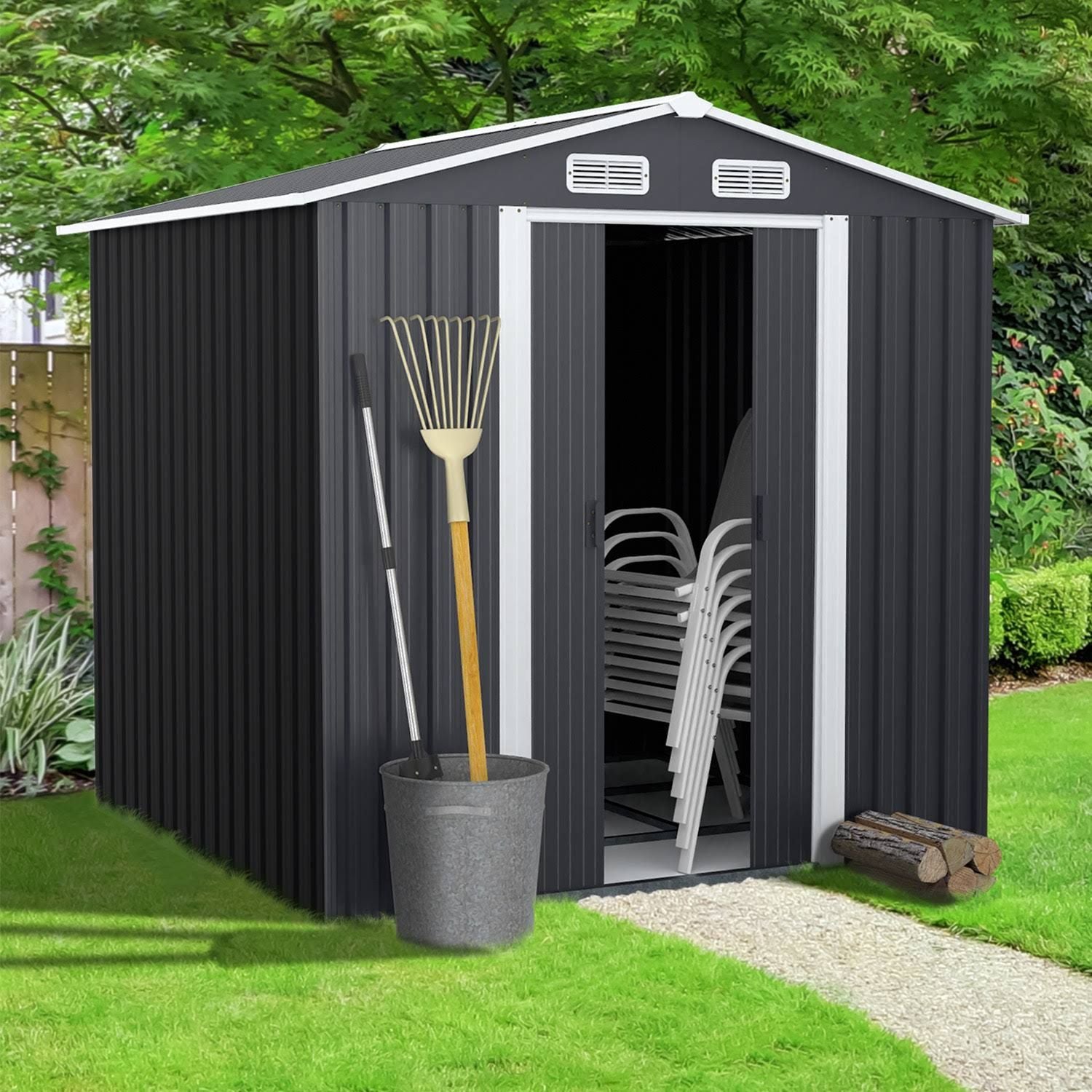 idmarket Abri de jardin gris en acier galvanisé(Noir/Gris)