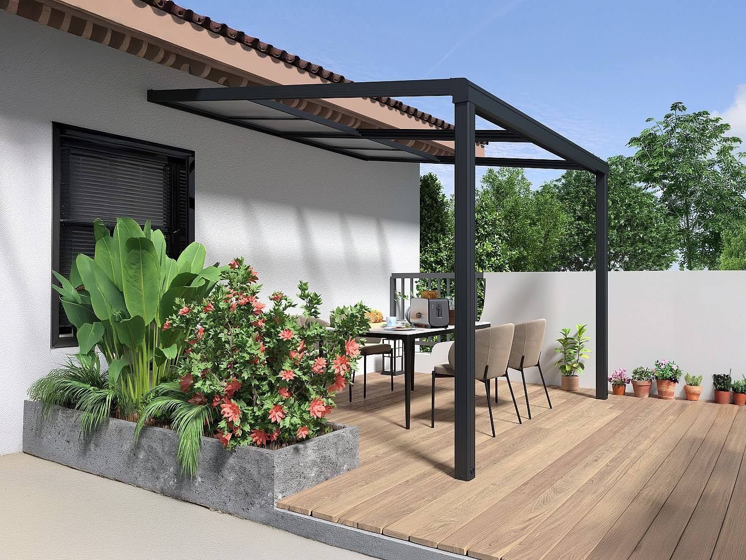 vente-unique Pergola Adossée en aluminium avec toit coulissant(Noir/Gris/Bois)